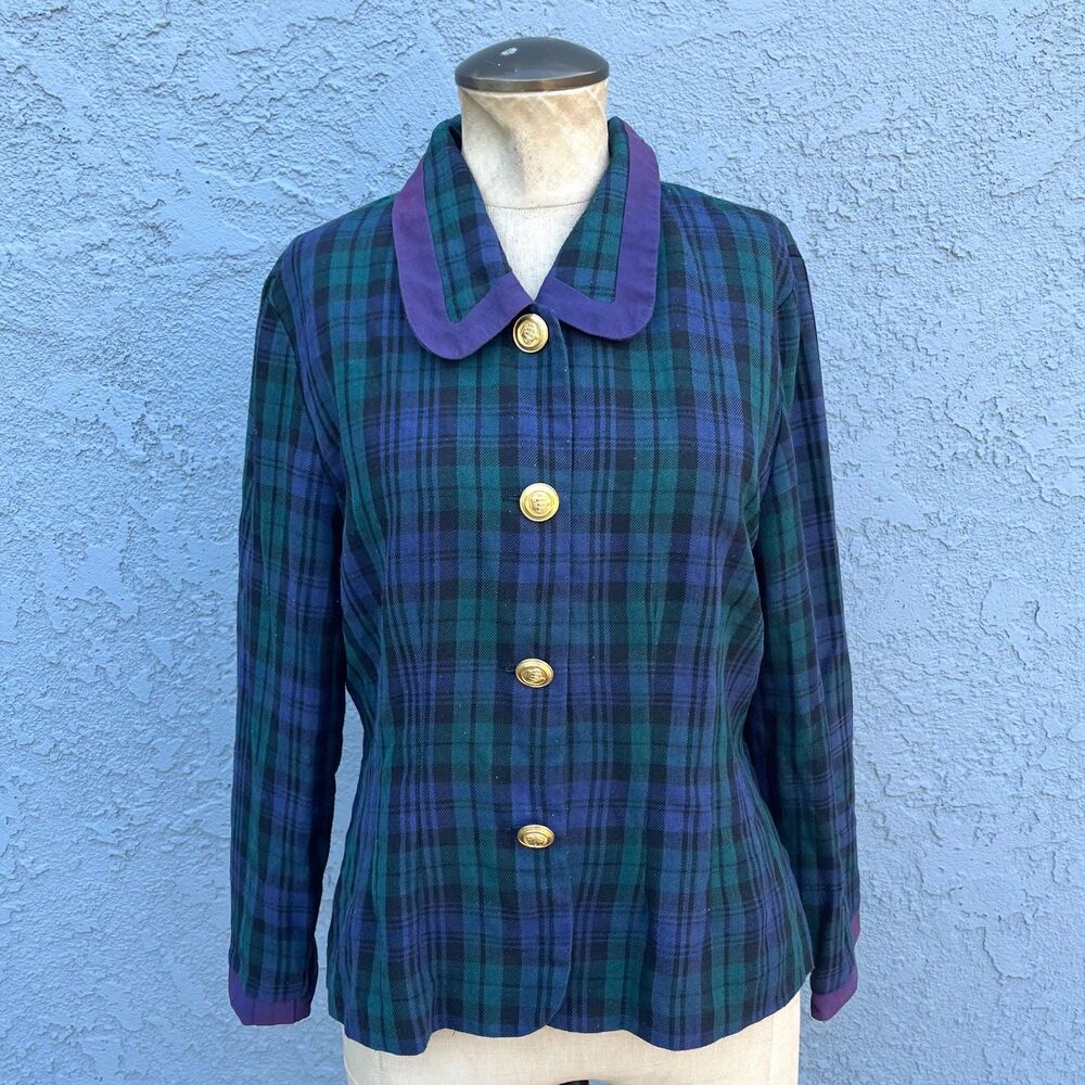 Vintage Plaid Cardigan Retro 1930s vibe Shacket in Blue and green Size 10 petite